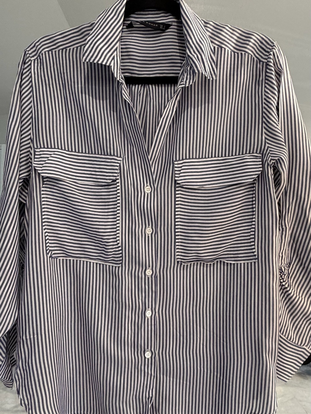 Zara Women's Navy and White Striped Shirt